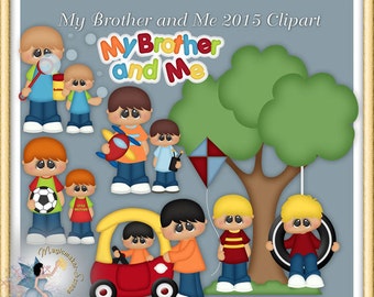 May include: Digital clipart set titled My Brother and Me 2015 Clipart from MAGICMAKER-SCRAPS.COM featuring cartoon illustrations of pairs of brothers with various toys, a red toy car, a kite, and a tire swing hanging from a green tree.