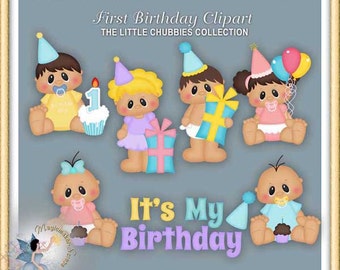 May include: Digital clipart set featuring six cartoon babies in party hats with birthday gifts, cupcakes, and balloons. Text includes MAGICMAKER-SCRAPS.COM, PU/CU/S4H/S4O, First Birthday Clipart, THE LITTLE CHUBBIES COLLECTION, and It's My Birthday.