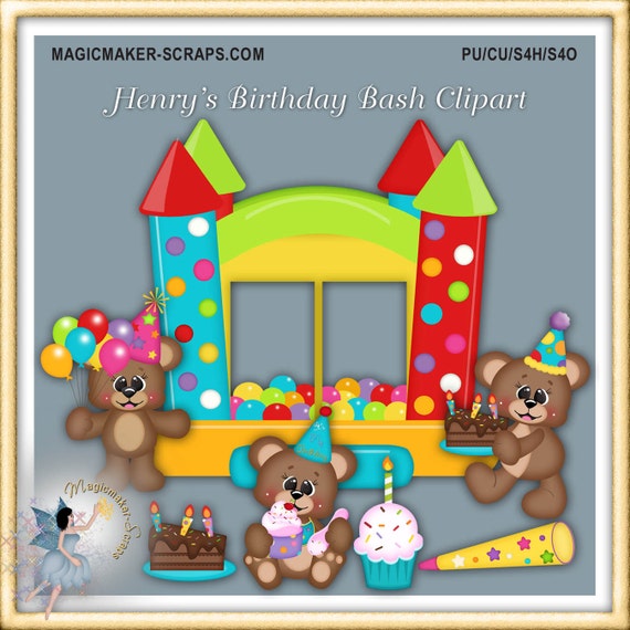 Birthday Clipart Teddy Bears Digital Scrapbook Commercial Use Elements