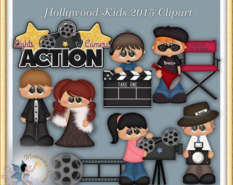 May include: A digital illustration set titled Hollywood Kids 2015 Clipart featuring cartoon characters in film-themed attire, including a director, a photographer, and formal wear, alongside movie props like a clapperboard, camera, and film reel.