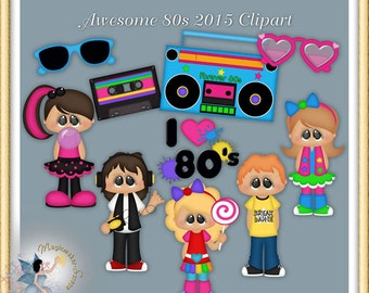 May include: A digital illustration set featuring cartoon characters and 1980s themed items including a blue boombox with the text Forever 80s, a cassette tape, heart-shaped sunglasses, blue sunglasses, and the text I Love 80s on a gray background.