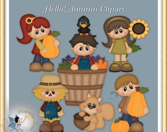 May include: Digital illustration set titled Hello! Autumn Clipart featuring cartoon characters including children with pumpkins, a scarecrow, a squirrel holding an acorn, and a child in a wooden basket with autumn leaves and a black bird on their head.