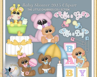 May include: Digital clipart set featuring baby-themed illustrations including a giraffe in a tub, a pink teddy bear, a white cake with yellow ducks, babies with accessories, alphabet blocks, pacifiers, safety pins, and text reading Baby Shower 2015.