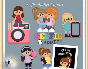 May include: A digital illustration featuring several cartoon girls with smartphones and a pink camera. The text "Selfie Addict Clipart" and "It's all about Me" are also visible. The image has a light gray background and a gold frame.