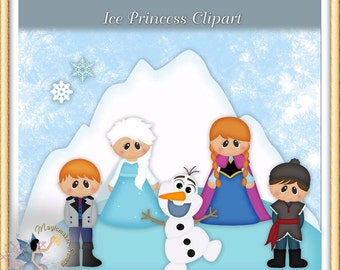 May include: A digital clipart image featuring four characters from the movie Frozen. The characters are Elsa, Anna, Kristoff, and Olaf. The characters are standing on a snowy mountain background. The image is titled "Ice Princess Clipart".