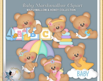 May include: A digital collection of six brown teddy bears in diapers, featuring accessories like a colorful umbrella, a pastel stacking toy, a yellow star, a baby bottle, a pacifier, and alphabet blocks. Text includes MAGICMAKER-SCRAPS.COM and BABY.