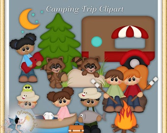 May include: A digital illustration set titled Camping Trip Clipart featuring cartoon characters, a brown camper with a red roof, a green pine tree, a yellow crescent moon, raccoons, a campfire, a boat, and a fish on a gray background.