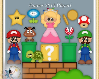 May include: A set of digital clipart images featuring characters and objects from a popular video game. The set includes a green turtle, a question block, a princess in a pink dress, a green pipe, a star, a mushroom, a flower, a coin, and two characters in overalls.