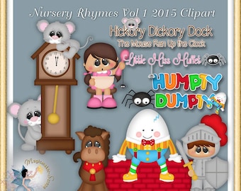 May include: A digital clipart collection titled Nursery Rhymes Vol 1 2015 featuring cartoon illustrations of a grandfather clock with a mouse, a girl with a bowl, a spider, Humpty Dumpty on a brick wall, a brown horse, and a knight in armor.