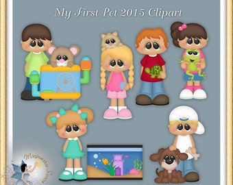 May include: Digital illustration set titled My First Pet 2015 Clipart featuring cartoon characters with pets including a hamster in a wheel, a turtle, a frog, a fish in a tank, and a brown dog. Text includes MAGICMAKER-SCRAPS.COM and PU/CU/S4H/S4O.