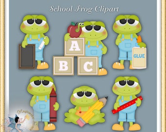 May include: A digital collection of six green frog illustrations wearing light blue overalls. The frogs are depicted with school supplies including a chalkboard, ABC blocks, a glue bottle, a red crayon, a yellow pencil, and a red ruler.
