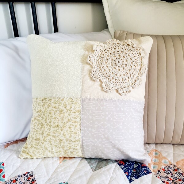 Handmade Quilted Pillow Cover with Vintage Doily