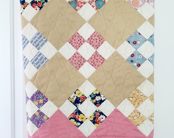Handmade Vintage Feed Sack Nine Patch Quilt