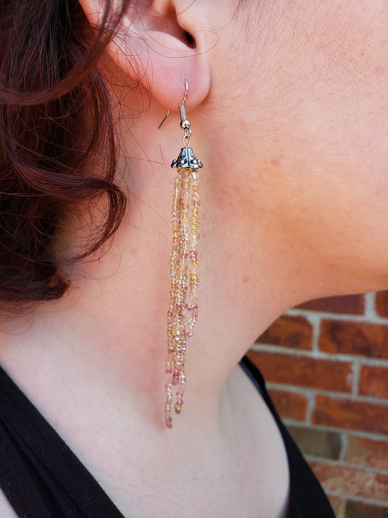 Seed bead tassel earrings Gift for her Long Tassel Earrings Handmade