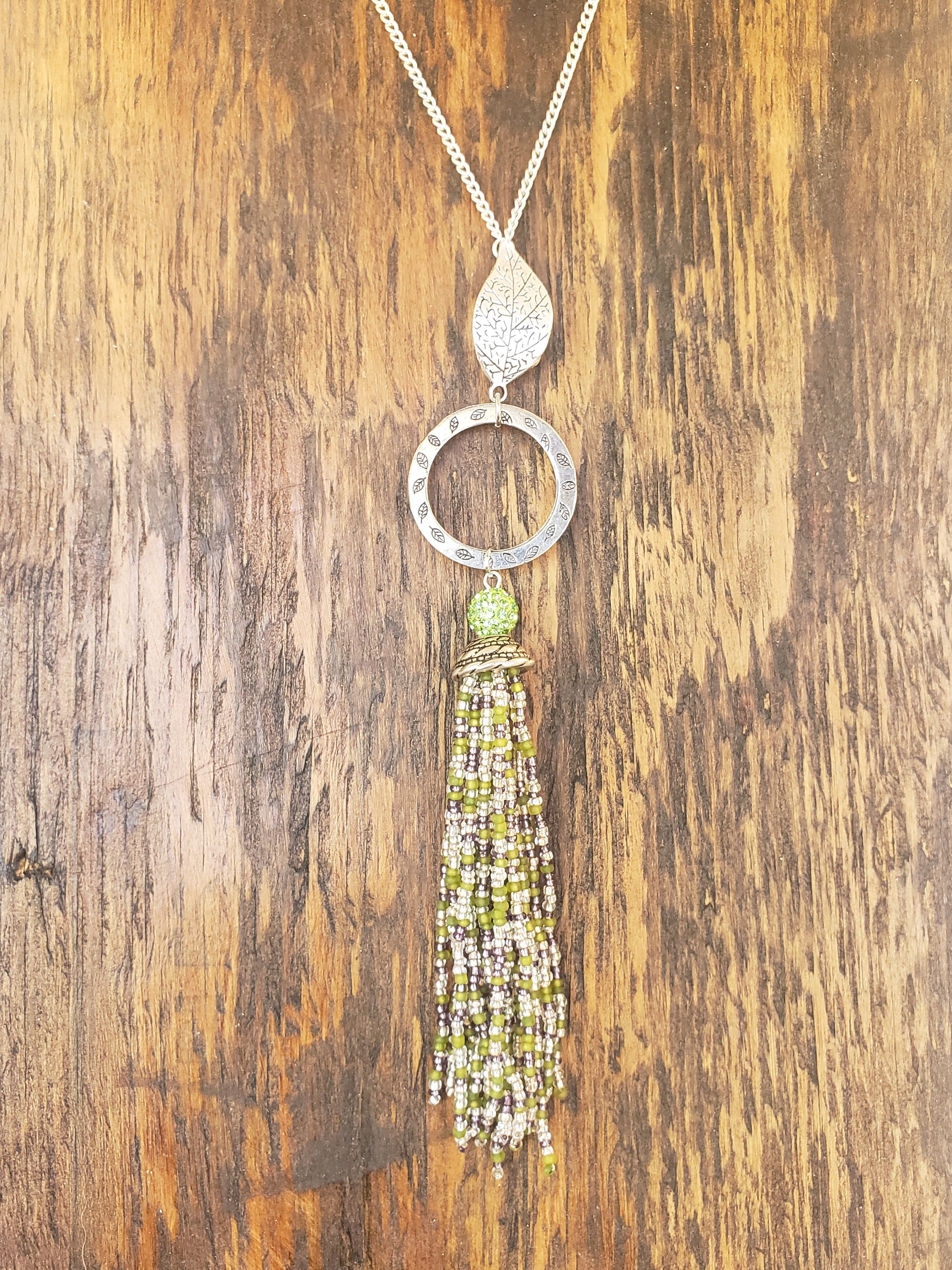 Long Tassel Necklace With Pave Bead and Seed Beads, Tassel Necklace ...