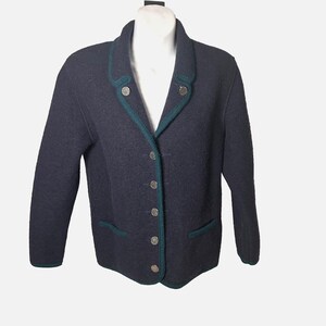 Cárdigan unisex de lana pura Sigi Scheiber vintage, color azul, talla 56, con botones de moneda.