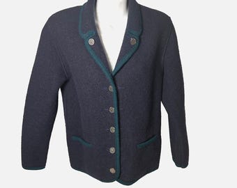 Cárdigan unisex de lana pura Sigi Scheiber vintage, color azul, talla 56, con botones de moneda.