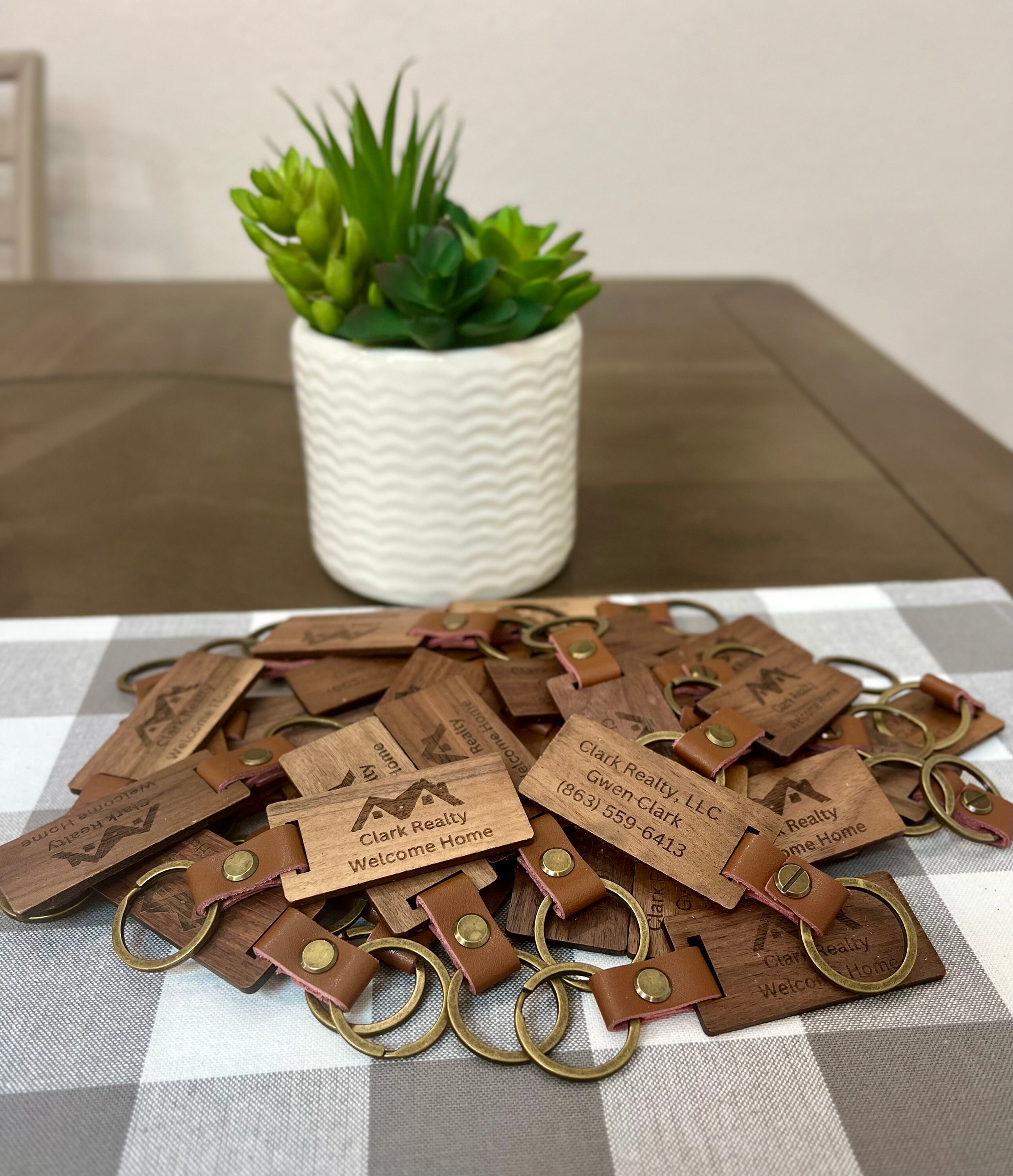 Custom Laser Engraved Wooden Keychains With Leather Strap Etsy
