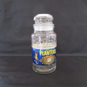 PLANTERS PEANUTS JAR, vintage glass jar, jar with label, vintage collectible jar, vintage collectible glass jar, promotional jar, retro