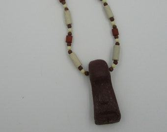 Vintage necklace, clay necklace, unique necklace, face profile necklace, brown beaded necklace, beaded choker necklace, pendant necklace