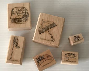 Scrapbook stamps, umbrella stamp, bow stamp, hat stamp, picnic basket stamp, net stamp, tea cup stamp, scrapbook supplies, individual stamp
