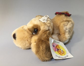 BROWN PLUSH DOG, Vintage stuffed dog, Fairview hound dog, brown hound dog, plush hound, dog with bow, light brown dog, cute brown dog