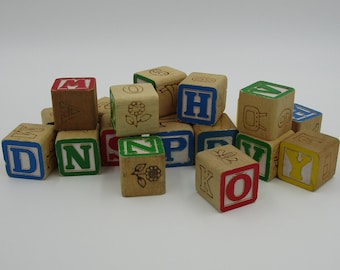 Wood Alphabet Blocks, vintage alphabet blocks, colorful alphabet blocks, vintage building blocks, building toy, craft supply, block supply