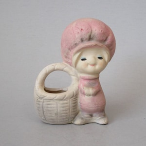 CERAMIC FIGURINE of GIRL, girl figurine, pink girl figurine, girl with basket figurine, cute girl figurine, gift for girl, vintage decor