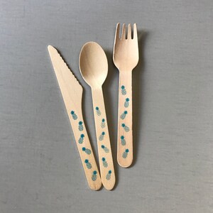 BALSA WOOD Utensils, tropical utensils, fork with pineapple, Vintage wood fork, eco friendly fork, disposable utensils, blue wood cutlery