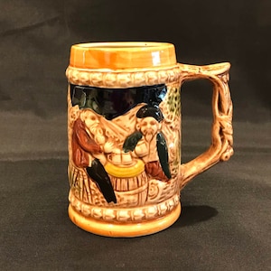 GERMAN BEER STEIN, vintage beer stein, vintage barware, Father&#39;s Day gift, mid century beer stein, cup with two men, sculptured stein