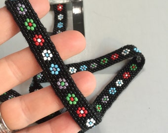 BEADED TRIMMING,Beaded strip of trim,Black floral beaded trim,black trim with flowers,black beaded trim,costume supply,costume trim