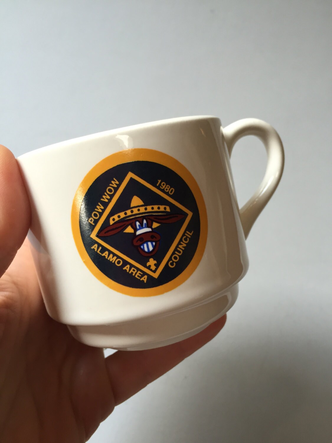 VINTAGE BOY SCOUT Mug, Alamo Area Council mug, Boy Scout Pow Wow mug, Boy Scout mug with donkey, Texas Boy Scout mug, San Antonio mug
