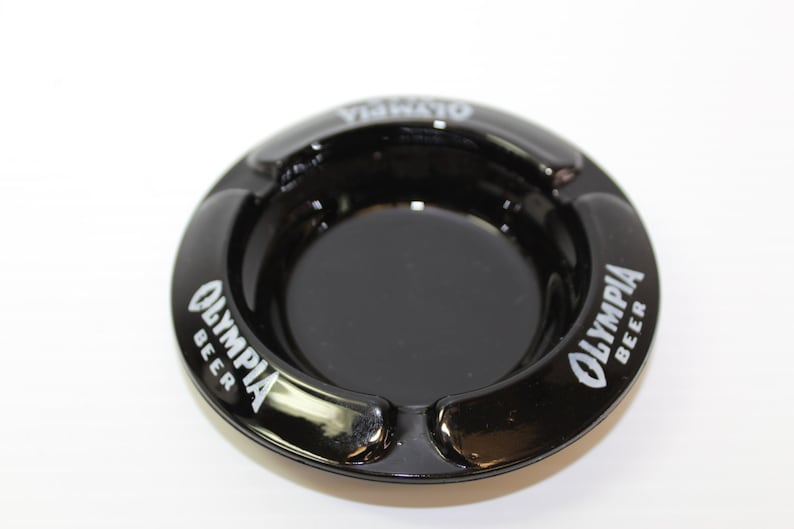 black barware 1970s Vintage Black Ceramic Ashtray vintage promotional item Vintage advertising item OLYMPIA BEER ASHTRAY retro barware