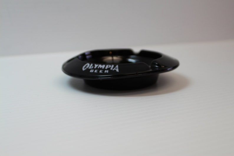 black barware 1970s Vintage Black Ceramic Ashtray vintage promotional item Vintage advertising item OLYMPIA BEER ASHTRAY retro barware