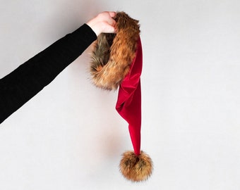 Extra Long Red Velvet Luxe Santa Hat, Luxury Velvet and Faux Fur Santa Hat, Christmas Santa Hat