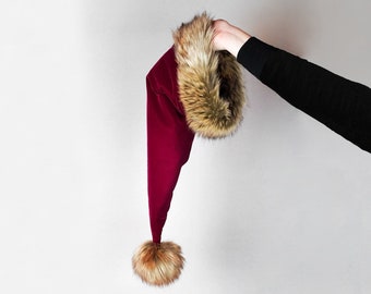 Extra Long Burgundy Wine Velvet Luxe Santa Hat, Luxury Velvet and Faux Fur Santa Hat, Christmas Santa Hat