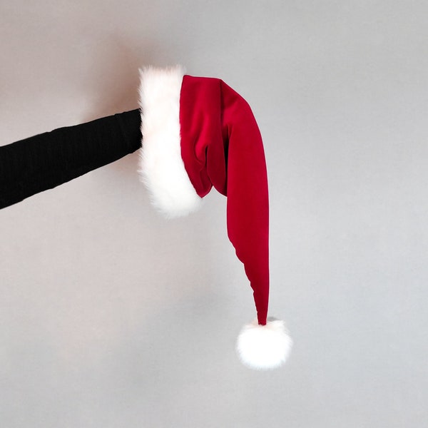 Extra Long Red Velvet Luxe Santa Hat, Luxury Velvet and Faux Fur Santa Hat, Christmas Santa Hat