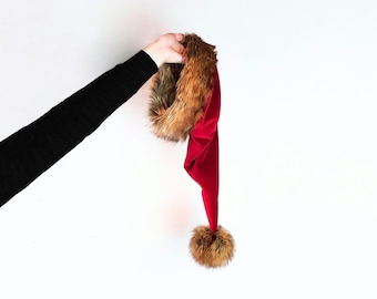 Extra Long Red Velvet Santa Hat, Luxury Faux Fur Trim