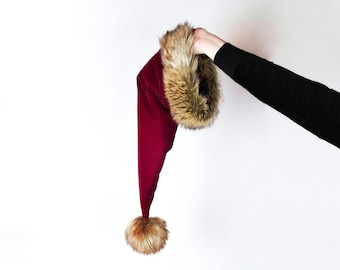 Extra Long Burgundy Wine Velvet Luxe Santa Hat, Luxury Velvet and Faux Fur Santa Hat, Christmas Santa Hat
