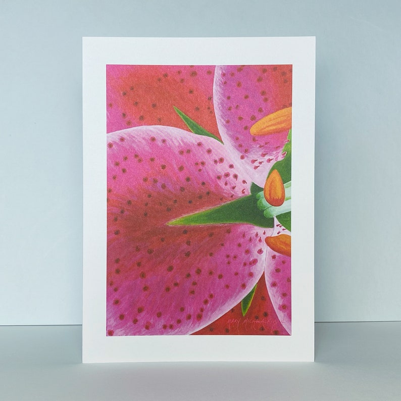 Hot Pink Lily Greeting Card, Lilium 'Stargazer' Floral Watercolor by Mary Michola Fibich, Botanical Art Cards, Floral Stationary image 1