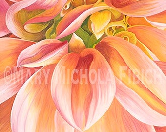 Dahlia 'Sherwood's Peach' by Mary Michola Fibich, Peach and Yellow Dahlia, Watercolor Dahlia Print, Flower Wall Art, Summer Flower Print