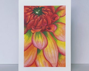 Red, Yellow and Green Dahlia Greeting Card, Dahlia 'Just Peachy' Floral Watercolor by Mary Michola Fibich, Flower Blank Greeting Card