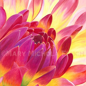 Dahlia 'Dragonberry' by Mary Michola Fibich, Hot Pink Dahlia Watercolor Print, Pink and Yellow Flower Decor, Fine Art Flower Print