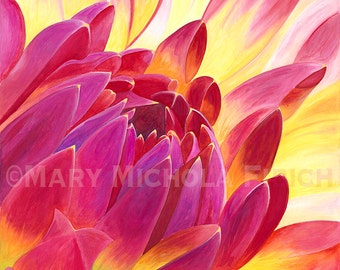 Dahlia 'Dragonberry' by Mary Michola Fibich, Hot Pink Dahlia Watercolor Print, Pink and Yellow Flower Decor, Fine Art Flower Print