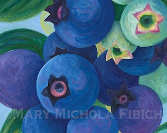 Summer Blueberries by Mary Michola Fibich, Blueberry Branch Painting, Blueberry Watercolor Print, Kitchen Wall Decor, Fine Art Print