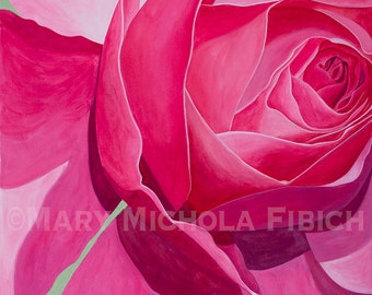 Rosa 'Baronne Edmond de Rothschild' by Mary Michola Fibich, Dark Pink Rose Fine Art Print, Rose Watercolor Wall Art, Valentine's Day Gift