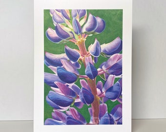 Purple and Green Lupine Greeting Card~Lupinus 'Perennis'~Floral Watercolor Card by Mary Michola Fibich