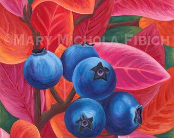 Autumn Blueberries by Mary Michola Fibich, Fine Art Blueberry Print, Fall Blueberry Print, Watercolor Blueberries, Autumn Art, Fruit Art