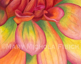 Dahlia 'Just Peachy' by Mary Michola Fibich, Red and Green Dahlia Print, Watercolor Dahlia, Art Decor, Gardener's Gift, Red Flower Painting