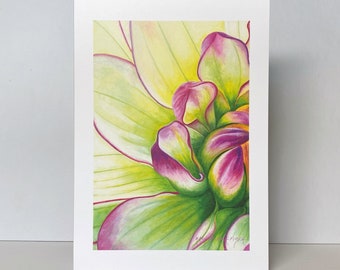 Purple and Green Dahlia Greeting Card~Dahlia 'Victoria Ann' Floral Watercolor by Mary Michola Fibich, Flower Greeting Card, Dahlia Card